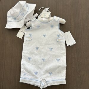 Ralph Lauren Baby Tennis Seersucker Romper & Hat Set NEW! 9 months